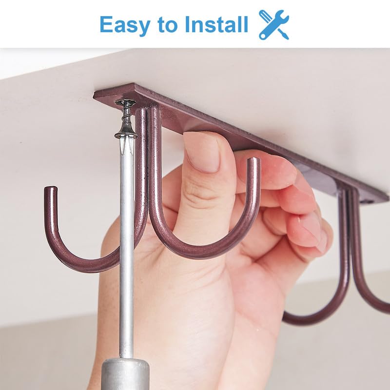 FOMANSH Mug Rack Under Cabinet - Coffee Cup Holder, 8 Mugs Hooks Under Shelf, Display Hanging Cups Drying Hook for Bar Kitchen Utensils Brown - color: Brown, size: 2 Pack