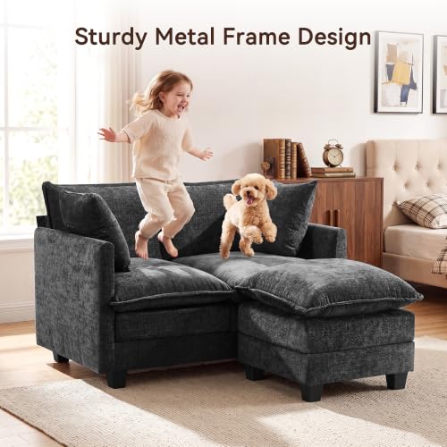 50" Loveseat Sofa with Ottoman, Cloud 2-Layer Cushion & 27" Deep Seat, Modern Love Seat Small Couch with 2 Washable Pillows for Small Spaces, Bedroom, Apartment, Office, Living Room, in a Box, Black - color: Black, size: Loveseat with Ottoman