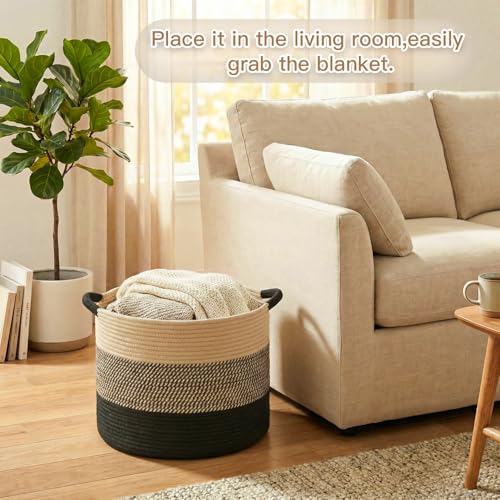 Artfeel 40L Large Cotton Rope Basket, Decorative Woven Blanket Storage for Living Room, Boho Toy Storage & Toy Box for Kids, Versatile Laundry Basket & Nursery Hamper for Blankets(BlackBrown) - color: BlackBrown, size: 40l