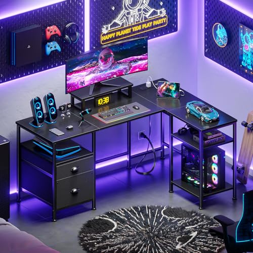 Furologee 50 Inch L Shaped Gaming Desk with Power Outlet and Drawers, Black | Reversible Computer Corner Design,Fabric File Cabinet, Monitor Stand, Storage Shelves for Home Office, Working Study Table - color: Black, size: 50 Inch