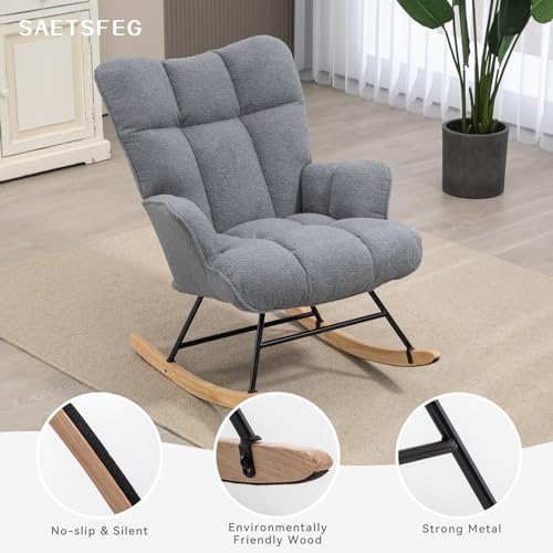 Rocking Chair Nursery Teddy Upholstered Glider Rocker Rocking Accent Chair Padded Seat with High Backrest Armchair Comfy Side Chair for Living Room Bedroom Offices (Darkgrey Teddy) - color: Darkgray