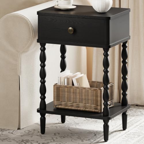 Yoobure Black Nightstand with Drawer - Small Side Table with Wood Legs | Accent Night Stand Bedside Table for Bedroom, Mid Century Modern End Tables Living Room, Vintage Nightstands for Small Space - color: Black