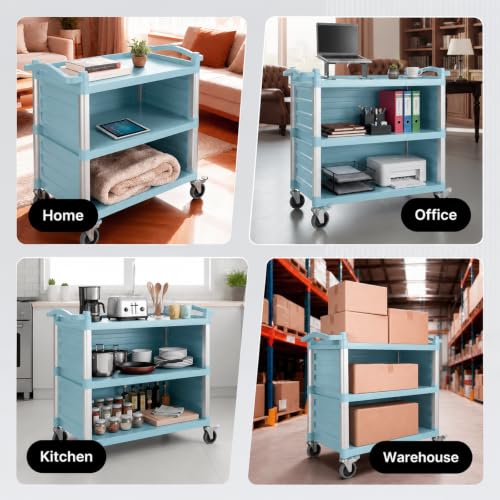 NorthSky Select Dual-Handle Utility Service Cart, 3 Shelves, 440 lb. Capacity -Black Plastic Shelve, Lockable Swivel Casters - Suitable for Hospital, Lab, Hotel (29.5 in & Blue Plastic Shelves) - size: 29.5 IN & Blue Plastic Shelves