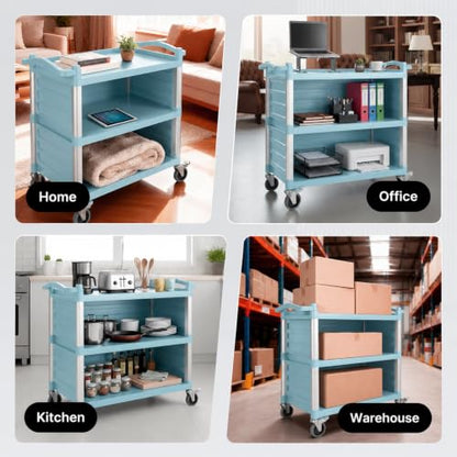 NorthSky Select Dual-Handle Utility Service Cart, 3 Shelves, 440 lb. Capacity -Black Plastic Shelve, Lockable Swivel Casters - Suitable for Hospital, Lab, Hotel (29.5 in & Blue Plastic Shelves) - size: 29.5 IN & Blue Plastic Shelves