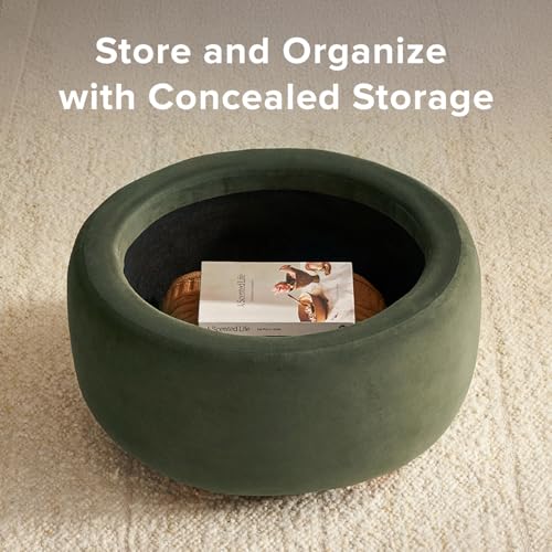 mopio Luna Round Ottoman with Storage and Tray, Round Coffee Table with Storage, Upholstered Foot Stools Ottoman for Living Room, Bedroom, with Solid Rubberwood Legs (Olive Green Premium Velvet) - color: Green Velvet, Round