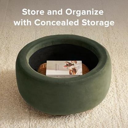 mopio Luna Round Ottoman with Storage and Tray, Round Coffee Table with Storage, Upholstered Foot Stools Ottoman for Living Room, Bedroom, with Solid Rubberwood Legs (Olive Green Premium Velvet) - color: Green Velvet, Round