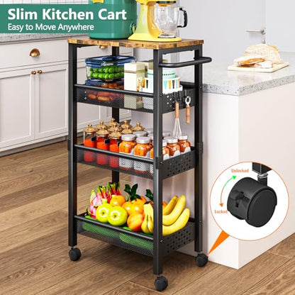 Vivihomety 4-Tier Laundry Utility Rolling Cart with Wheels, Kitchen & Bath | Narrow 8.1" wide, lockable wheels, wood top panel, metal frame, for laundry room, small spaces, pantry, tight gaps, Black - color: Black, size: 8.1 inch wide