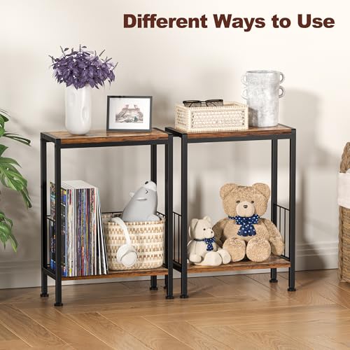 Narrow Side Table, Skinny End Tables with Magazine Holder, Small Sofa Table for Small Spaces, Space-Saving Design, Slim Nightstand Bedside Table for Living Room, Bedroom, Office, Rustic Brown - color: Rustic Brown