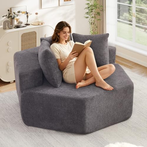 Oversized Round Chaise Lounge Chair Indoor, 54" Chenille Circle Single Cloud Reading Chairs Modern Upholstered Boneless Sofa for Living Room, Bedroom Apartment, Grey - color: Grey, style: 54"Hexagonal