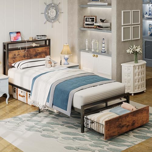 LIKIMIO Twin XL Bed Frames with Drawer and Charging Station, Vintage Brown | 2-Tier Storage Headboard with Metal Construction Frame, No Box Spring Needed, Fits Small Bedroom or Guest Room. - color: Vintage Brown, size: Twin XL
