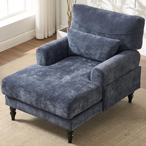 Chaise Lounge Chair Indoor Bedroom, Comfy Lounge Chair with Wide Armrest & Backrest for Small Space, Thick Cushion, High-Density Foam, Waist Pillow, Chenille (Blue) - color: Blue