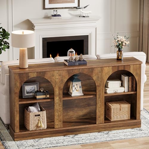 Tribesigns Arched Console Table, 63" Wooden Entryway Table with Storage | Farmhouse Long 3-Tier Sofa Table Behind The Couch for Entrance, Hallway, Living Room, Foyer, Brown - color: Rustic Brown