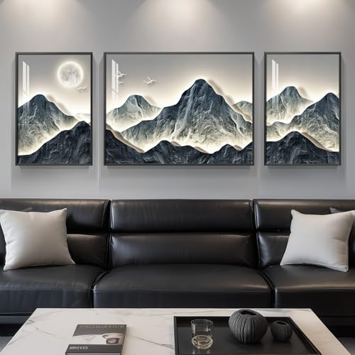 Framed Modern Mountain Wall Art for Living Room, 3 Piece Blue Luxury Bright Style Painting Prints, Landscape Moon Artwork for Dining Room Hallway Home Office Wall Decor - color: Blue White, size: 32" W x 24" H x 1 Pcs + 16" W x 24" H x 2 Pcs