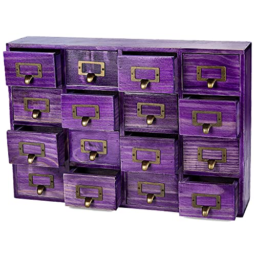 Purple 16-Slot Wooden Drawer Unit - Country Style Desk Organizer Box - 20"x3.6”x14” Wooden Storage Box w/ 16 Drawers - Countertop Drawers w/Label Holder & Handle - Slim 4-Level Organizer - color: 16 Drawer Plum Purple