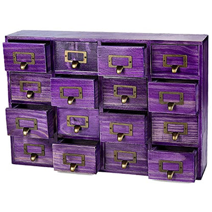 Purple 16-Slot Wooden Drawer Unit - Country Style Desk Organizer Box - 20"x3.6”x14” Wooden Storage Box w/ 16 Drawers - Countertop Drawers w/Label Holder & Handle - Slim 4-Level Organizer - color: 16 Drawer Plum Purple