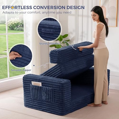 MAXYOYO Convertible Sofa Bed, Pull-Out Loveseat Couch Bed for Small Space | 2 in 1 Folding Couch Bed with Large Back Pillow, Plush Faux Fabric Lounge Couch for Living Room, Apartment, Navy - color: Navy