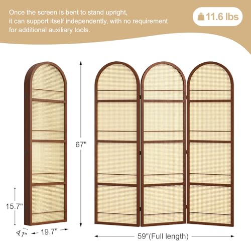 Rattan Room Divider with Bookshelf,Foldable Privacy Screen Partition,Wooden Frame,Natural Portable for Living Room,Bedroom Home,Office Reading Nook (Walnut, 3 Panels) - color: Walnut
