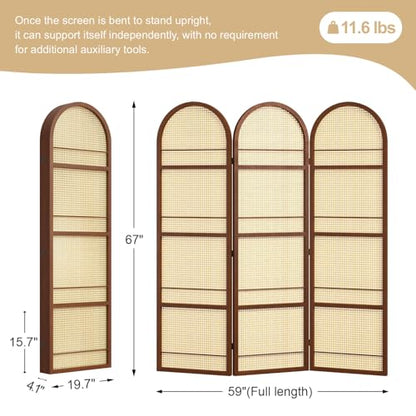Rattan Room Divider with Bookshelf,Foldable Privacy Screen Partition,Wooden Frame,Natural Portable for Living Room,Bedroom Home,Office Reading Nook (Walnut, 3 Panels) - color: Walnut