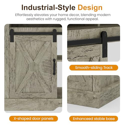 RoyalCraft Farmhouse Fireplace TV Stand for 65+ Inch TV, Entertainment Center with 23" Electric Fireplace with Remote, 34" Modern Rustic TV Console with Sliding Bar Door for Living Room, Light Grey - color: Light Grey, style: Electric Fireplace Included
