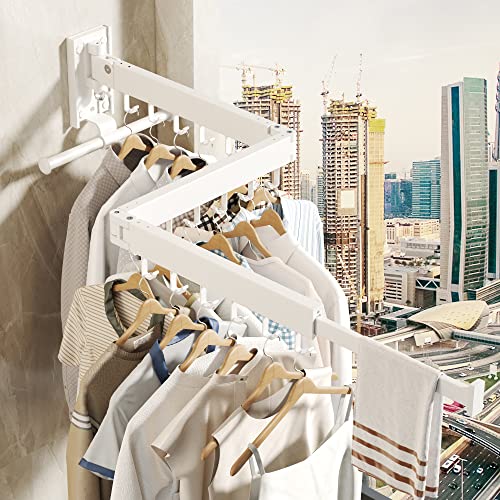 BOQORAD Wall Mounted Clothes Hanger Rack, Clothes Drying Rack,Laundry Drying Rack,Collapsible Clothes Rack Wall Mount, Retractable Drying Rack Clothing,can Fold Upward & Left & Right,White Color - color: White