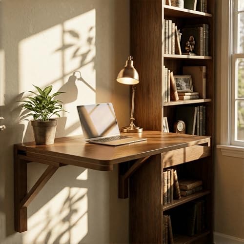 MM MELISEN Wall Desk - 24x16 Inch, Walnut Color Compact Desk for Laundry Room or Kitchen Area. Solid Wood fold-Down Surface for Daily tasks. Stores Flat When not in use - color: Walnut, size: 60X40CM/24X16IN