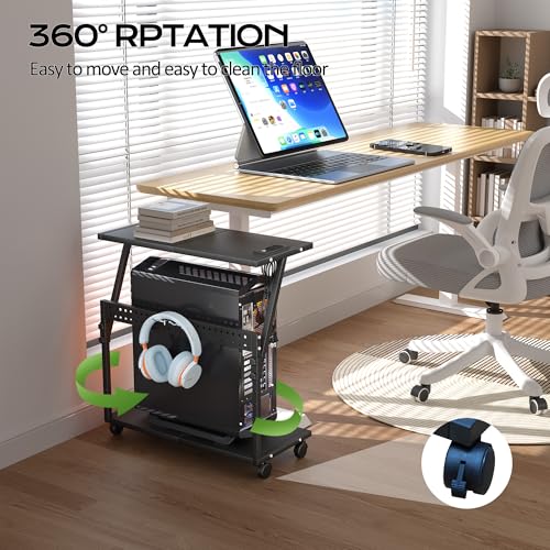 24In Large PC Stand, 5 Levels Height Adjustable Computer Tower Stand with Charging Station, Wheels and Hooks, CPU Holder Cart for Floor, Carpet and Under Desk, Easy Assembly（with Power Strips） - color: Black with Outlet