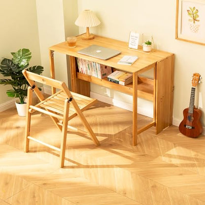 Bamboo Folding Desk, Mid Century Modern Sturdy & Space-Saving Hideaway Desk for Home Office Bedroom Small Spaces, Fold Out Desk with Storage Ergonomic Height Murphy Desk (Natural) - color: Natural