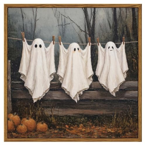 Halloween Ghost Canvas Wall Art Framed 12x12, Vintage Cute Ghost Painting | Three Hanging Ghosts and Pumpkins, Spooky Cute Canvas Print, Neutral Halloween Wall Decor for Living Room Entryway Bedroom - color: Ghosts, size: 12"L x 12"W