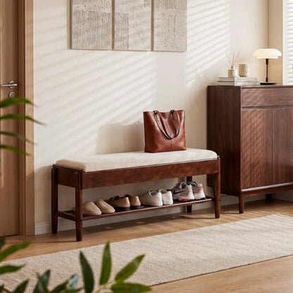 YEPDIN 39.3" Solid Wood Shoe Rack Bench with Flip-Top Storage,2 Tier Shoe Rack Bench with Chenille Cushion,for Entryway, Hallway,Living Room, Bedroom, Closet - color: Walnut