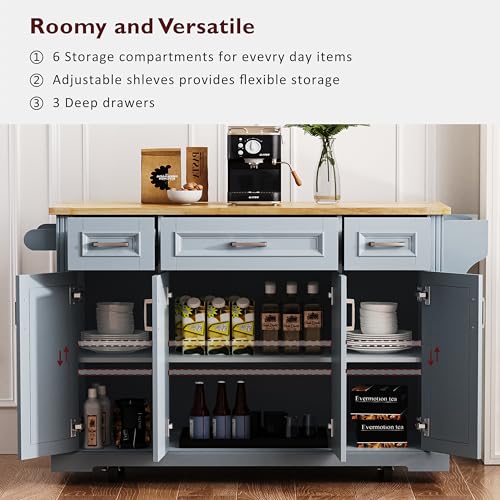 54inch Large Kitchen Island with Rubber Wood Drop Leaf,Embossed Texture Rolling Kitchen Cart On 4 Wheels with 4 Doors and 3 Drawers, Storage for Dining Room (Grey Blue-0t) - color: Grey Blue-0t)
