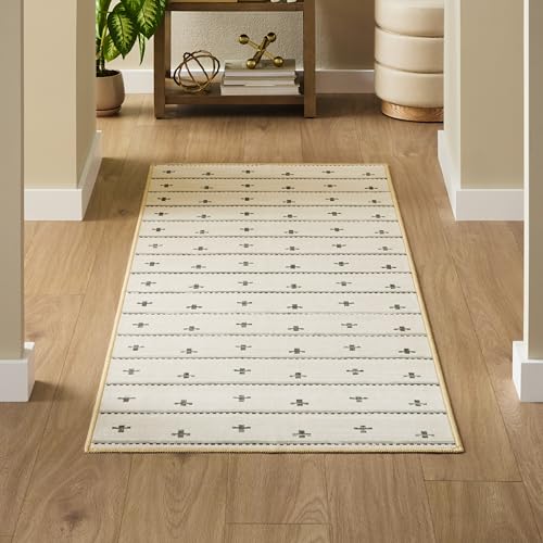 Haven Scandinavian Stripe Machine Washable Area Rug with Airflo Technology for Easy Clean, Ultra-Soft Non-Slip Rug with Built-in Pad, Pet, Family & Allergy Friendly Rug, Beige/Brown, 2'6"x7' - color: Beige/Brown Scandi Stripe, size: 2'6" x 6'11" (Rectangu
