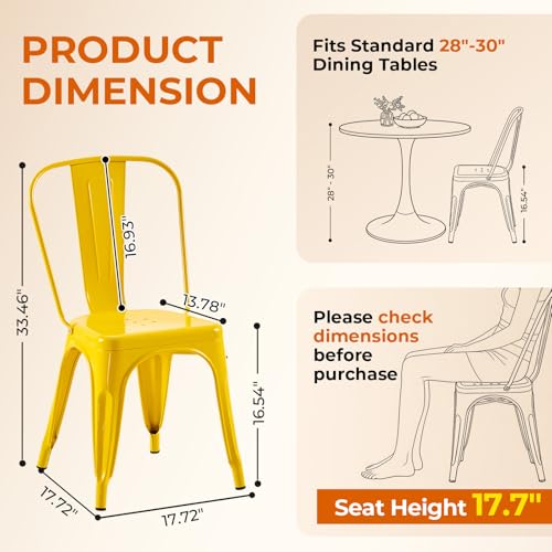 Metal Dining Chairs Set of 4 Daisy Yellow | Yellow Industrial Stackable Chairs Suitable for Indoor Outdoor Dining Room Kitchen Restaurant Cafe - color: Daisy Yellow