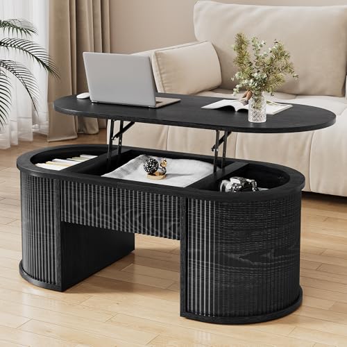 47.2" Oval Fluted Lift Top Coffee Table with Hidden Compartment, Black | Lifting Tabletop,Timeless Fluted Wood Aesthetic,Spacious Hidden Storage,Supporting up to 150 lbs - color: Black