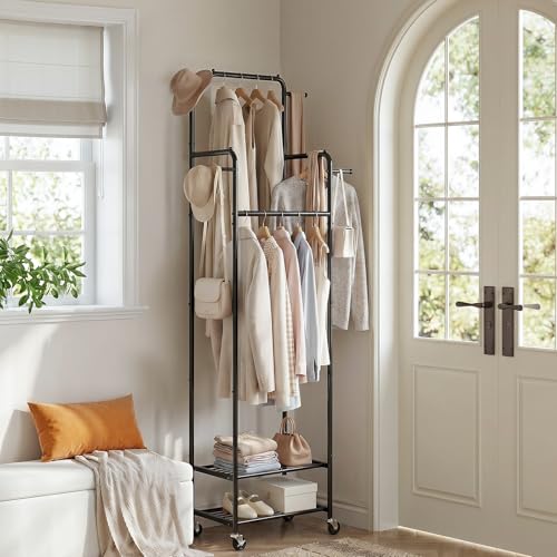 Small Clothing Rack with Wheels, Narrow Rolling Clothes Rack with 2 Shelves | Gasvadivum 71" Tall Sturdy Metal Garment Rack with 4 Hanging Rods & 4 Hooks, Portable Coat Rack for Bedroom, Bathroom, Black - color: Black