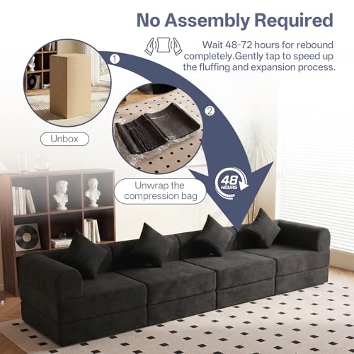 112" L Shaped Modular Sectional Sofa with Ottoman, Cloud Boneless Couch Deep Seat with 4 Pillows, Oversized Folding Sofa Bed Couches for Living Room Bedroom,No Assembly-Black - color: Solid Black, size: 4 Seat