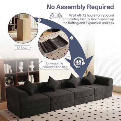 112" L Shaped Modular Sectional Sofa with Ottoman, Cloud Boneless Couch Deep Seat with 4 Pillows, Oversized Folding Sofa Bed Couches for Living Room Bedroom,No Assembly-Black - color: Solid Black, size: 4 Seat
