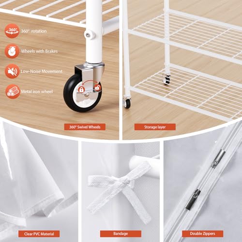 Univivi Heavy Duty Clothing Rack with Dust Cover and Bottom Storage Shelf | 360° Rotation Wheels, Tool-Free Quick Assembly, 2 Durable Zippers, Portable Closet Rack with Cover for Hanging Clothes - color: White Rack with White Cover