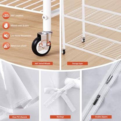 Univivi Heavy Duty Clothing Rack with Dust Cover and Bottom Storage Shelf | 360° Rotation Wheels, Tool-Free Quick Assembly, 2 Durable Zippers, Portable Closet Rack with Cover for Hanging Clothes - color: White Rack with White Cover