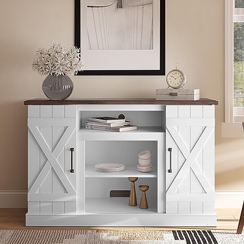 BELLEZE Industrial 47 Inch Rustic Wood TV Stand & Media Entertainment Center Console Table for TVs up to 50 Inch with Open Storage Shelves & Cabinets - Veropeso (White) - color: White, style: 47"