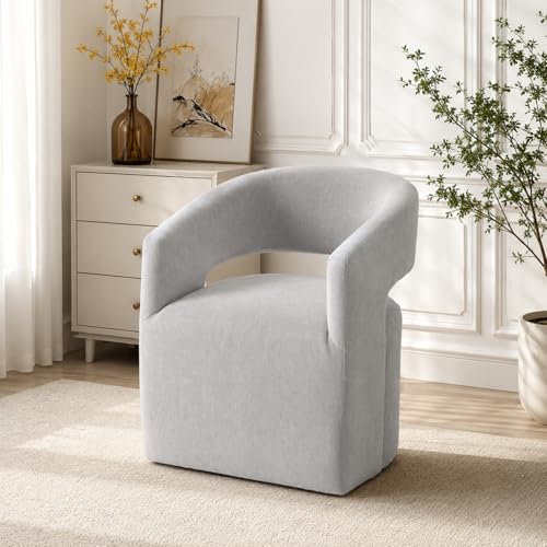 Upholstered Barrel Chair with Casters, Soft Textured Fabric Accent Armchair, Curved Wraparound Backrest, Open Cutout, Rounded Seat for Vanity Office Bedroom, Light Gray - color: Light Gray