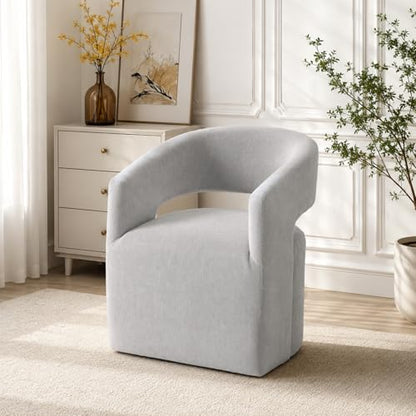 Upholstered Barrel Chair with Casters, Soft Textured Fabric Accent Armchair, Curved Wraparound Backrest, Open Cutout, Rounded Seat for Vanity Office Bedroom, Light Gray - color: Light Gray