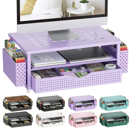gianotter Monitor Stand with Drawer and 2 Pen Holders | Monitor Riser Dual-Layer Storage Desk Organizers and Accessories (Purple) - color: Purple-Ventilated