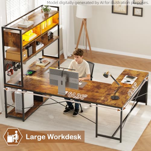 Dnxao 65" Gaming Desk with 3 Drawers and Pegboard, Rustic Brown | Reversible U Shaped Computer Desk with Power Outlets and LED Lights, Storage Shelves Workstation with Pegboard for Gamers - color: Rustic Brown