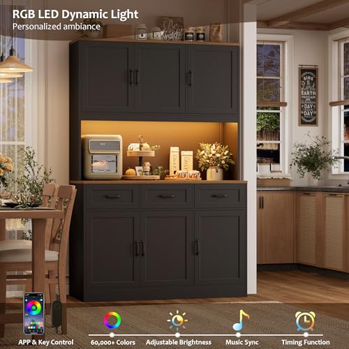 HOSTACK Kitchen Pantry Cabinet, Tall Kitchen Hutch Cabinet, Black/Brown | 47"W Food Pantry Cabinet with Smart LED / Charging Station / Countertop / 3 Large Drawers, 72"H Storage Hutch for Dining Room - color: Black/Rustic Brown