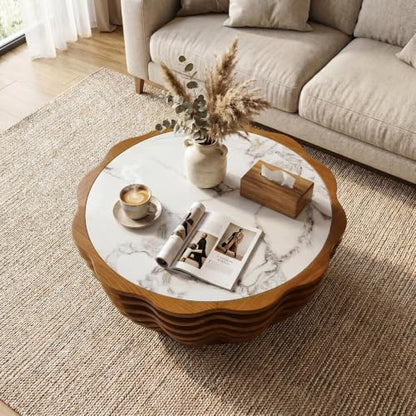 32.1" Flower-Shaped Coffee Table with Marble Top, Cafe Table | Round Center Table, Modern Stone Tea Table, Unique Marble Patterns, for Living Room, No Need Assembled - color: 32.1" Flower-shaped Coffee Table