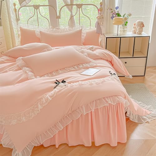 MOOWOO Lace Ruffled Bedding Setwith Cute Bowtie- 3PC(1 Full Duvet Cover 80x90 Inch, 2 Pillowcases) Aesthetic Bedding for Romantic French Wedding - color: Pink, size: Full