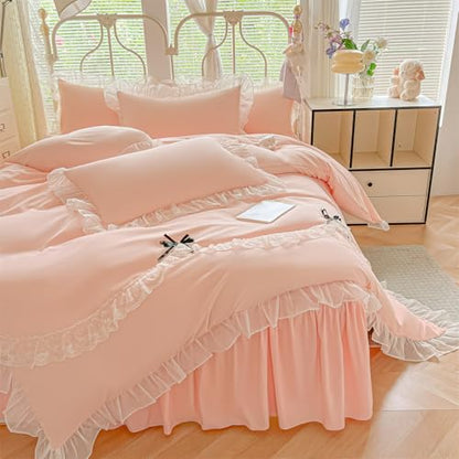 MOOWOO Lace Ruffled Bedding Setwith Cute Bowtie- 3PC(1 Full Duvet Cover 80x90 Inch, 2 Pillowcases) Aesthetic Bedding for Romantic French Wedding - color: Pink, size: Full