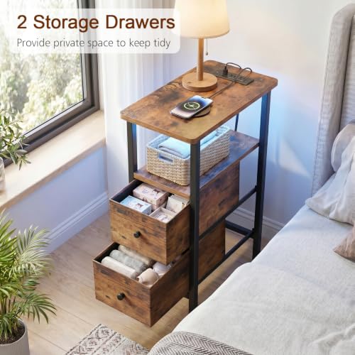 Narrow End Table with Charging Station, Small Nightstand | Skinny Side Tables Living Room with 2 Fabric Drawers, Slim Bedside Table with LED Lights for Bedroom, Small Spaces, Brown - color: Rustic Brown, size: 23.22''H (2 Drawers), style: Power + Light