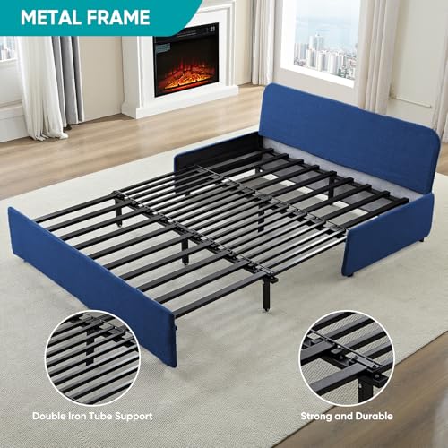 BALUS 43" W Queen Size Sleeper Couch Bed Pull Out Sofa with Pullout Beds, 2 in 1 Convertible Linen Single Sleepers Sofas Chair with Foldable Mattress and Pillows for Small Space Apartment, Blue - color: Blue, size: Queen