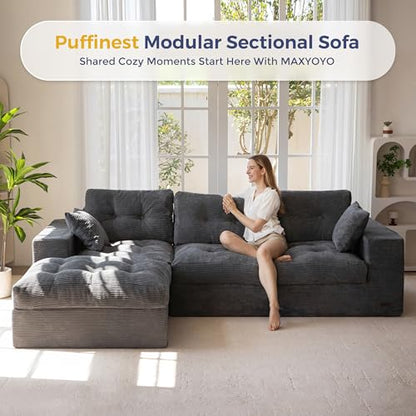 MAXYOYO Boneless Couch, 104-Inch L-Shaped Cloud Couch with Ottoman | Dark Grey Upholstered Sofa Features Layered Cushions and Flexible Modules with No Assembly, Ideal for Modern Living Rooms. - color: Dark Grey, size: 104" L Shape